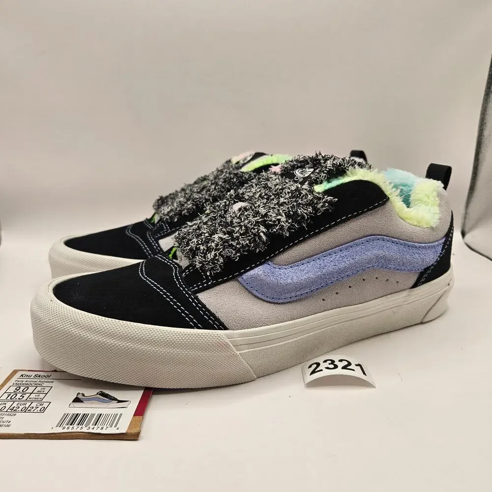 VANS MEN'S 9 KNU SKOOL PARTY ANIMAL RAINBOW BLACK SUEDE FAUX FUR NWOB